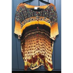 Orange Black Brown Geometric Print Button Up Shirt 1X Southwestern Tribal